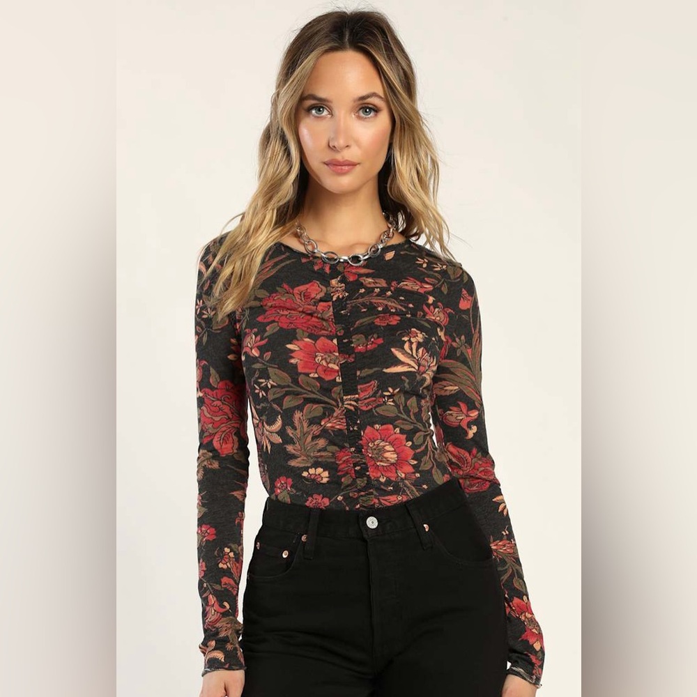 Free People Dreamed of You Charcoal Grey Floral Print Long Sleeve Top Sz medium